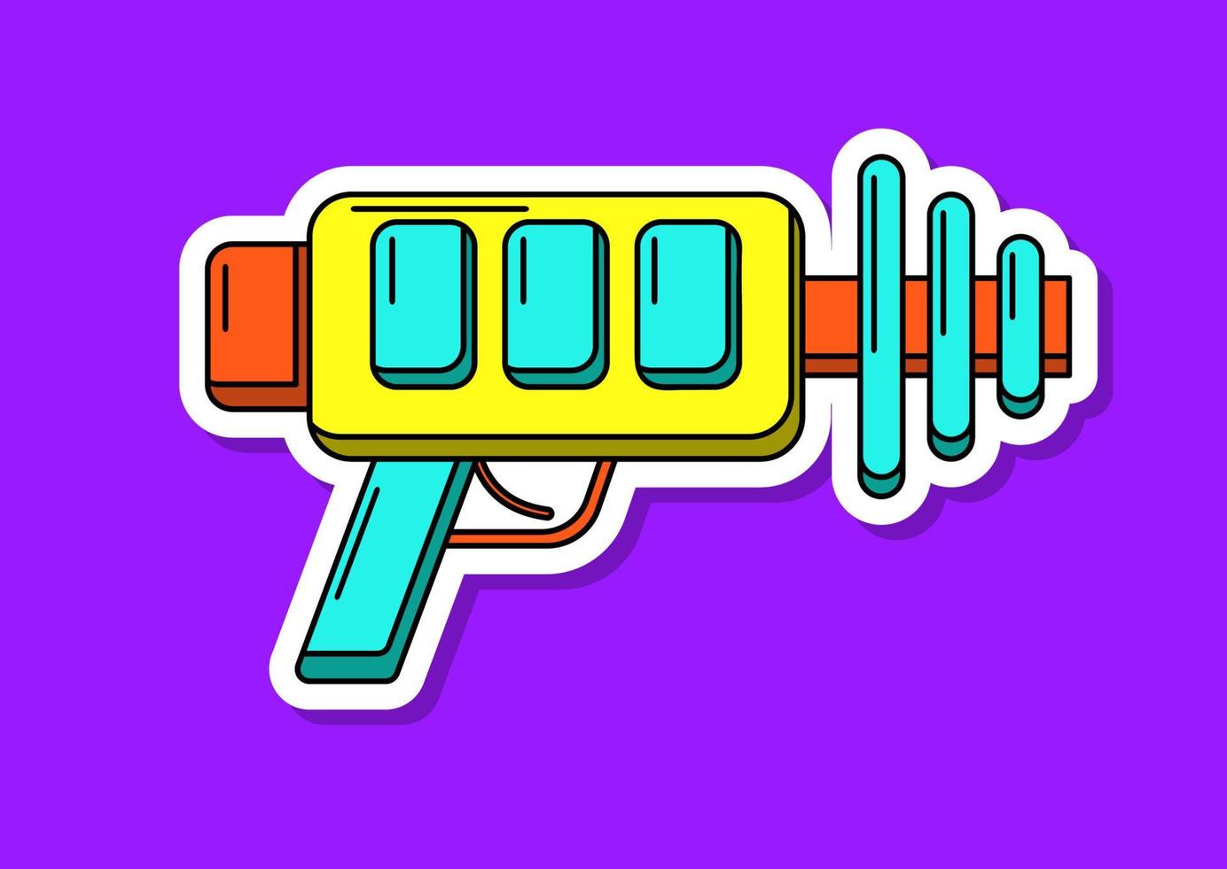 pegatina de bláster de dibujos animados vectoriales. pistola de juguete de colores aislados con contorno blanco. diseño de armas futuristas vector