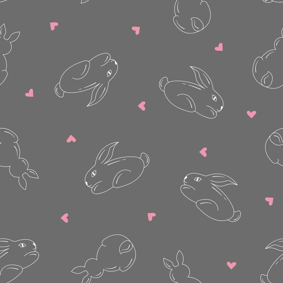 Seamless pattern white rabbit with pink hearts on a gray background vector