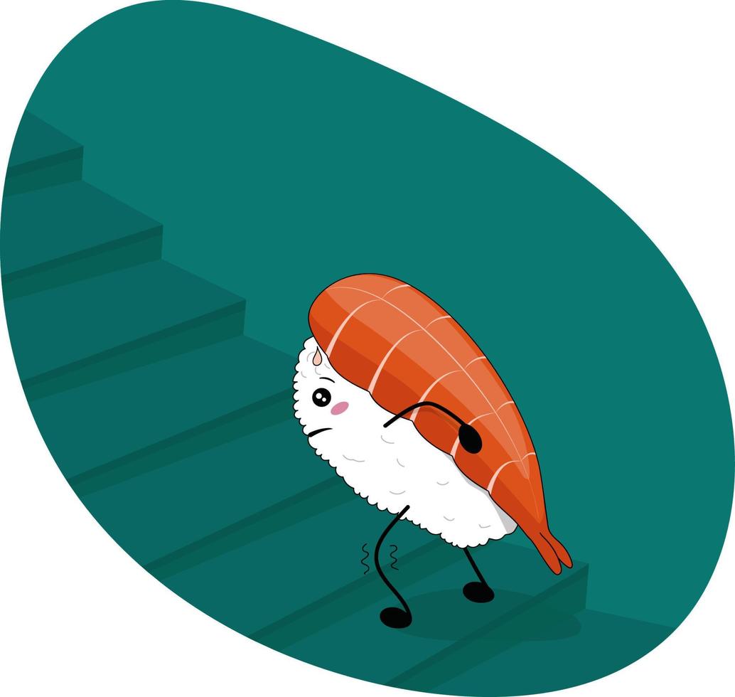 Hand drawn kawaii style  illustration asian food sushi ebi roll going up the stairs vector