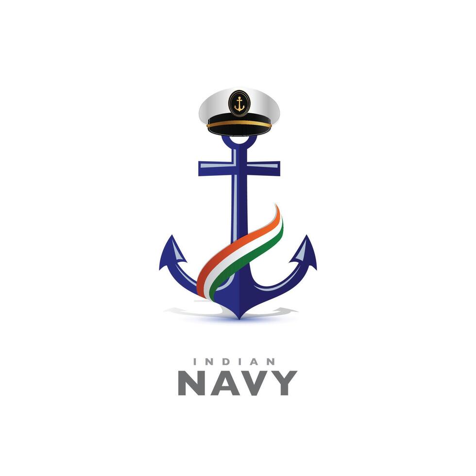 Indian navy concept poster, Banner design. Navy officer, Soldier cap, Anchor, and Indian flag wave on isolated Background, Navy warships, Wishing Greeting Card. Beautiful Calligraphy of  Navy Day. vector