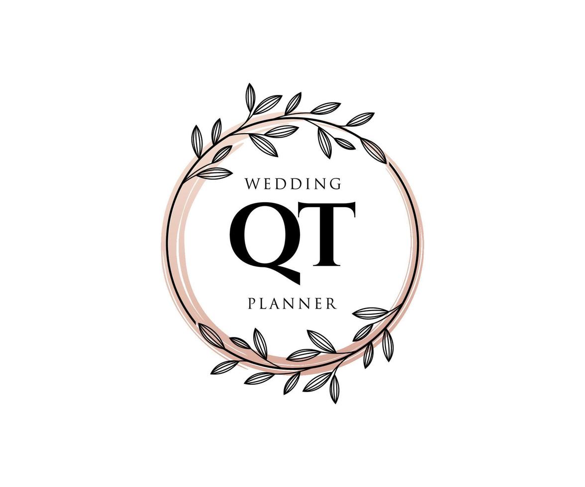 colección de logotipos de monograma de boda con letras iniciales qt, plantillas florales y minimalistas modernas dibujadas a mano para tarjetas de invitación, guardar la fecha, identidad elegante para restaurante, boutique, café en vector