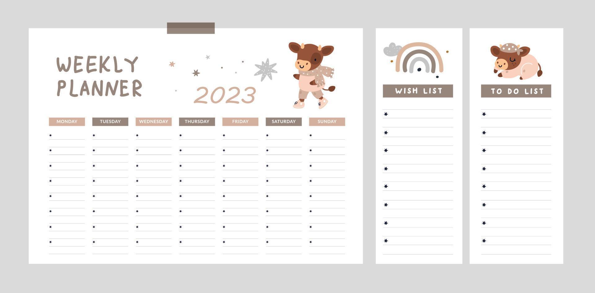 weekly planner background with unicorn, rainbow, cloud, star vector illustration for kid.