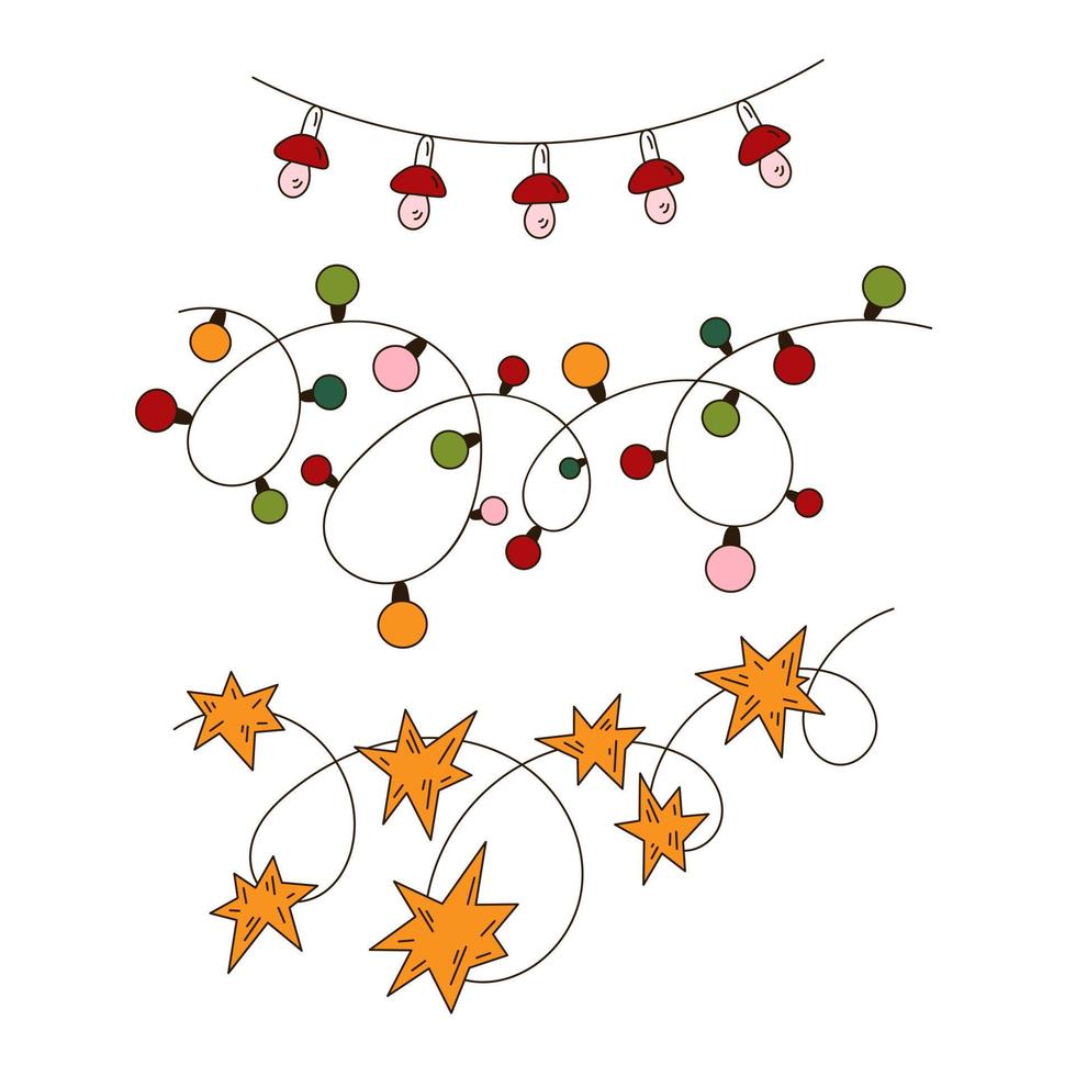 conjunto de guirnaldas navideñas con luces, champiñones, estrellas al estilo garabato vector