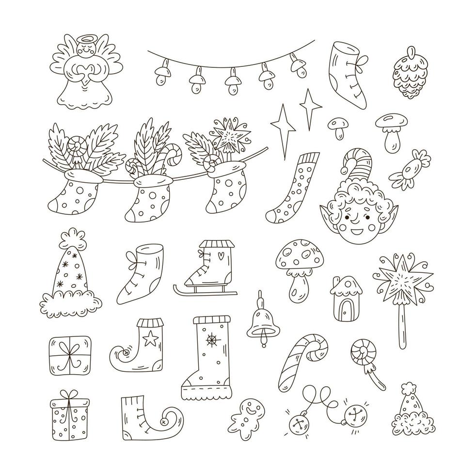 Christmas decor elements set in doodle style. Cute coloring book pages vector