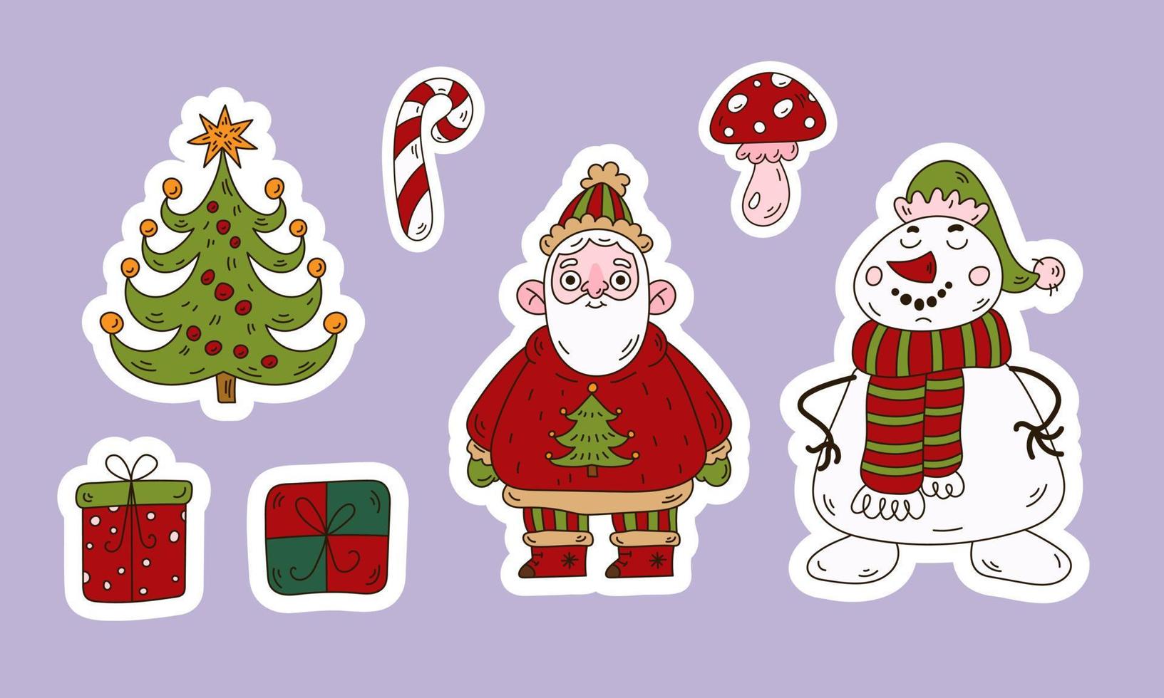 Christmas doodle characters sticker pack with white stroke. Santa Claus, snowman, gifts, Xmas tree cute elements vector