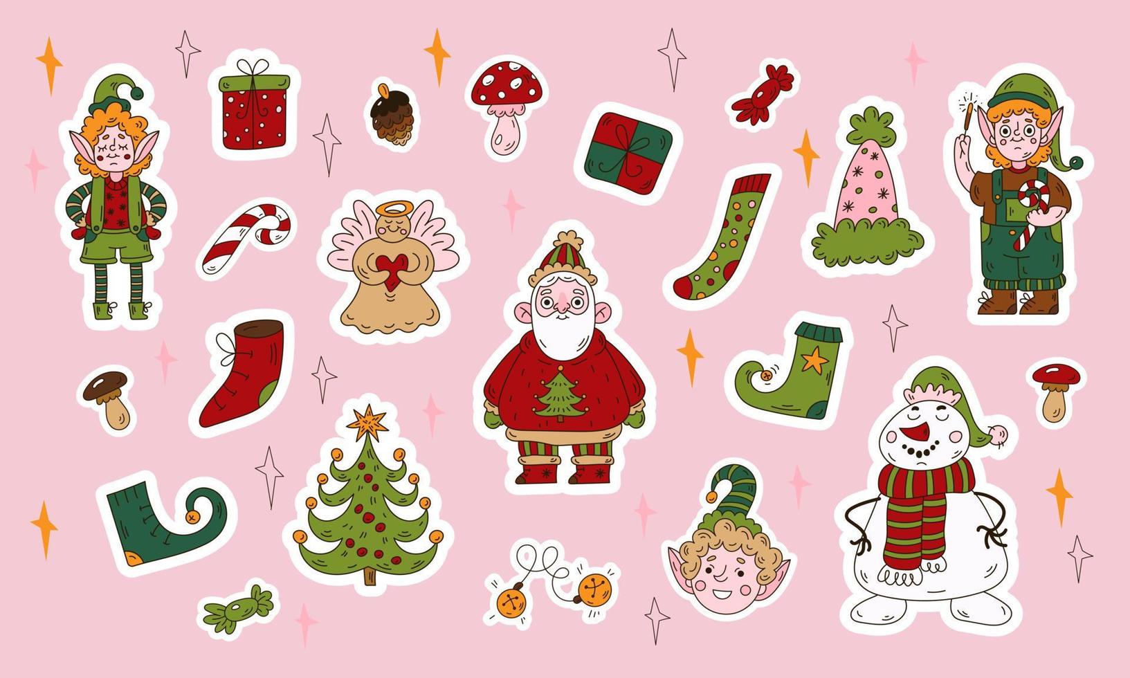 lindo paquete de pegatinas de navidad de garabatos. conjunto de personajes navideños, santa, muñeco de nieve, pino y decoración vector