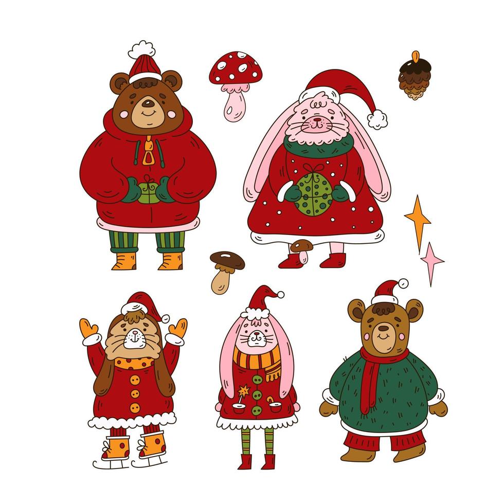 Xmas cute animal characters in doodle style. Bunny, rabbit, bears in warm clothes vector