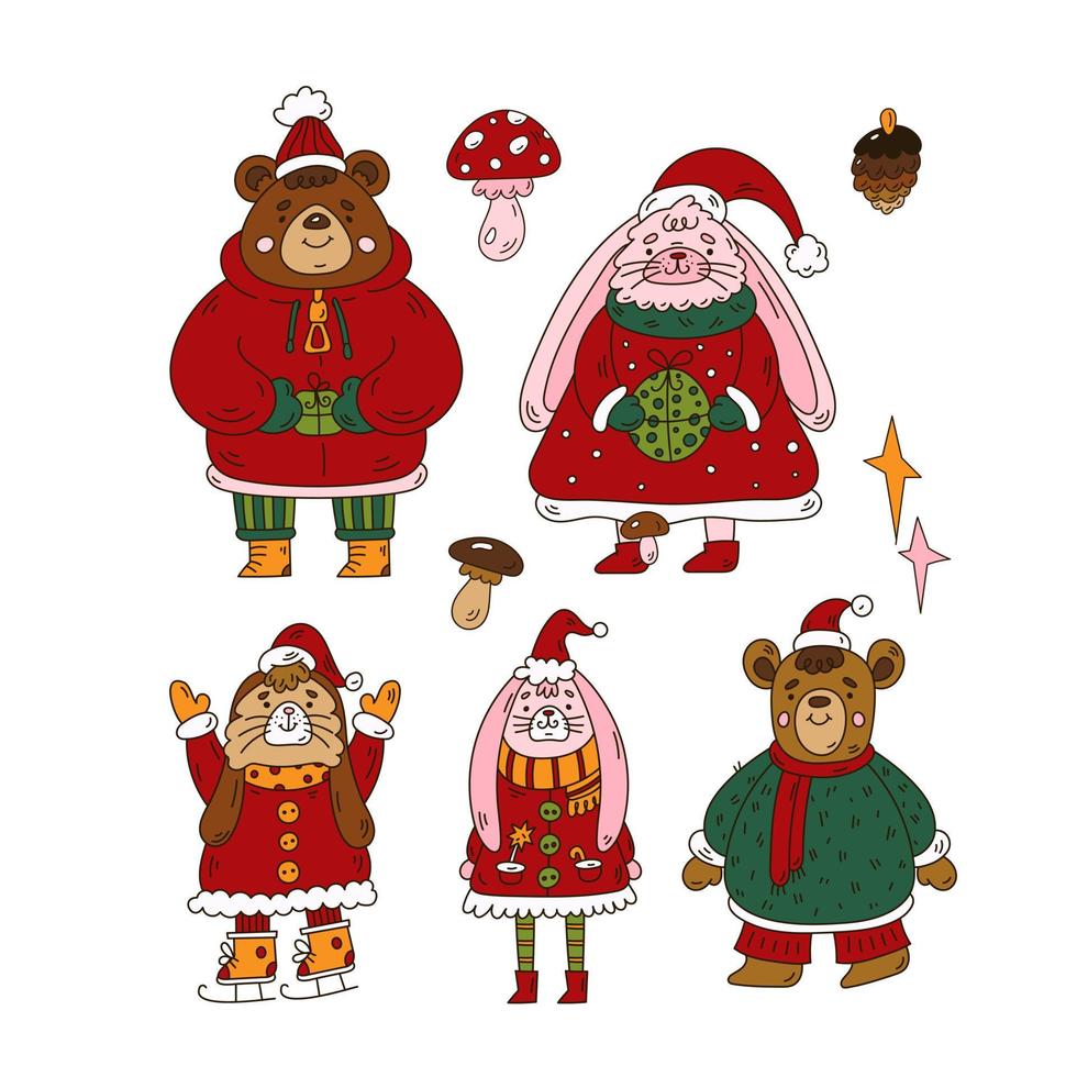 lindos personajes de animales de navidad en estilo doodle. conejito, conejo, osos en ropa de abrigo vector