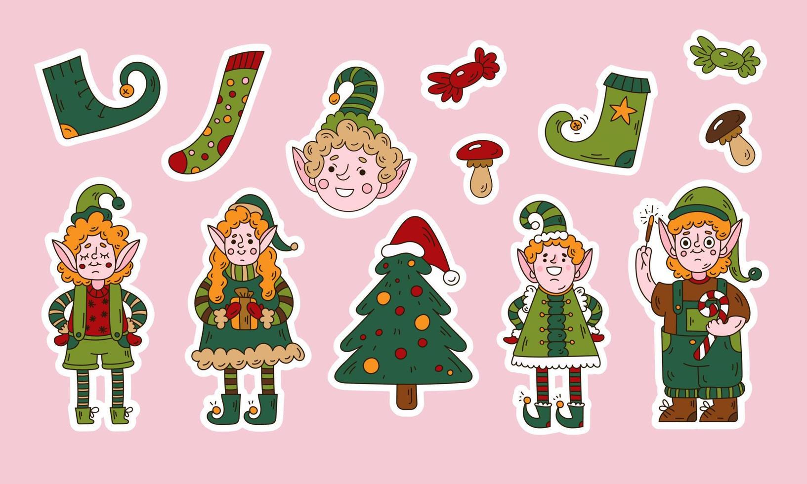 Set of Christmas cartoon sticker with cute elf characters and Xmas tree and decor. vector