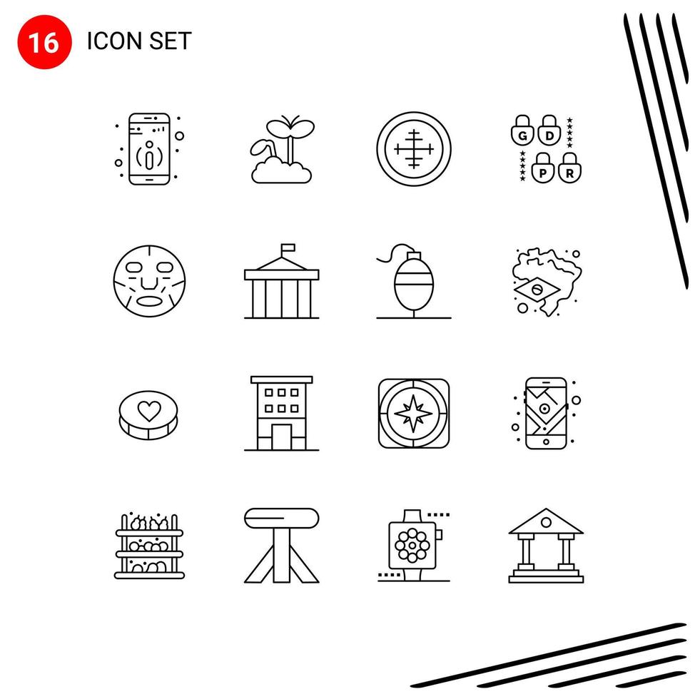 Mobile Interface Outline Set of 16 Pictograms of face beauty badge security gdpr Editable Vector Design Elements