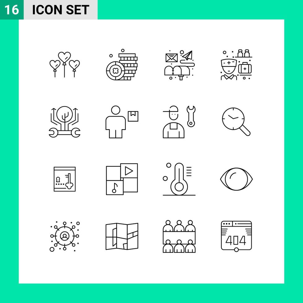 Modern Set of 16 Outlines Pictograph of hack engineering letter development pharmacist Editable Vector Design Elements