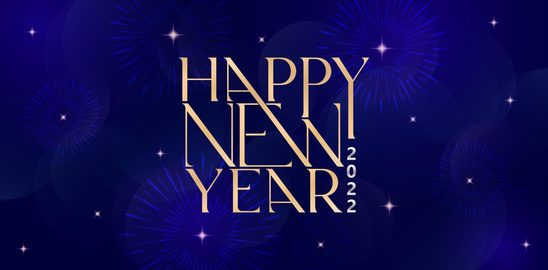Happy New Year letter text golden color with isolated dark blue background, fireworks and glitter sparkle star decoration applicable for greeting cards, invitation, sign and banners. vector
