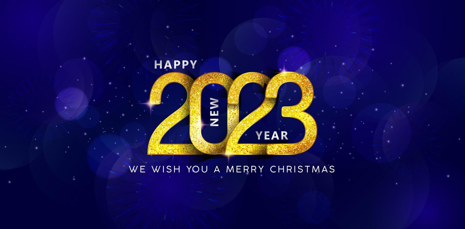 illustration of 2023 Happy New Year golden colors with dark blue background, fireworks and glitter sparkle star decoration for greeting cards, invitation, sign banners, Social media and print designs vector