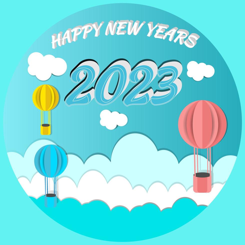 paper art style greeting 2023 happy new years ballons flying over blue sky. vectors eps 10