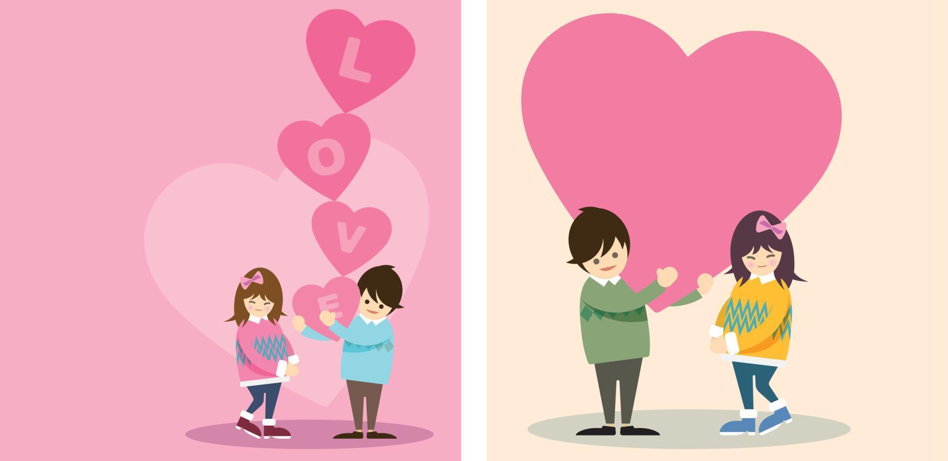 illustration of man carrying big heart as a gift with his girlfriend and have blank space for advertisement wording. Greeting card template. Set of vector characters couple in love with big heart.