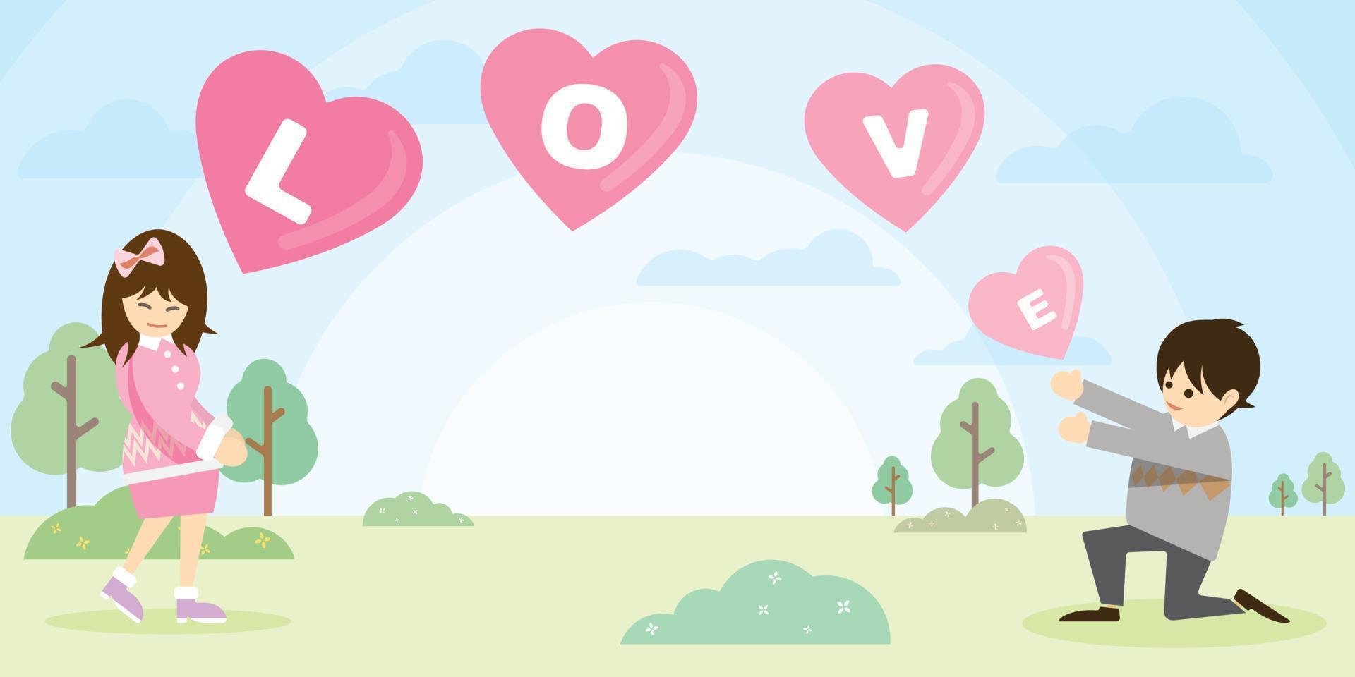 ilustración de un hombre que le da forma de corazón a globos abstractos a una mujer en el parque y tiene un espacio en blanco para la redacción del anuncio. plantilla de tarjeta de felicitación del día de san valentín. vector