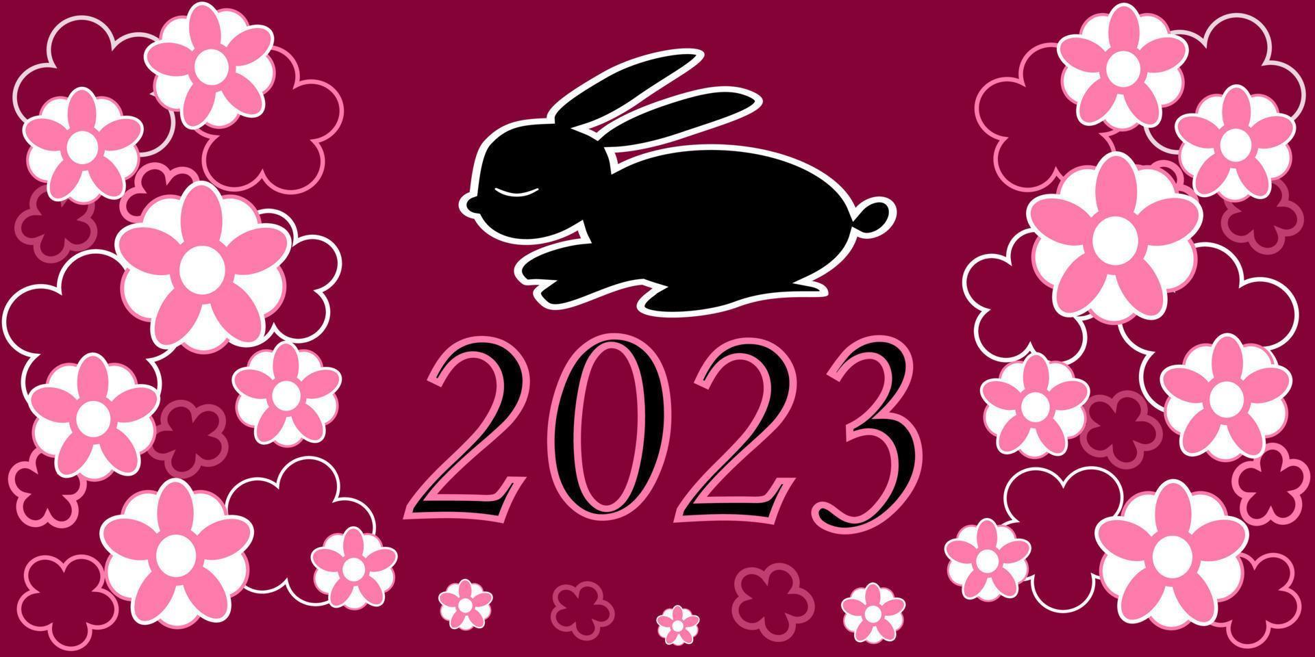 new year black rabbit 2023 gold outline raspberry background vector