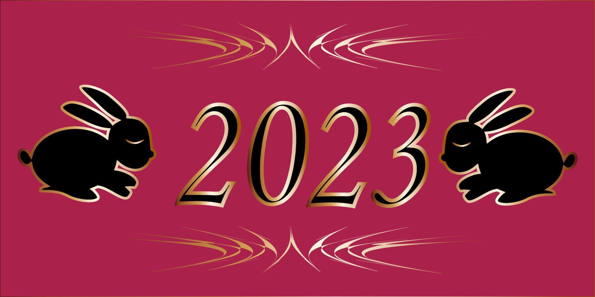 new year black rabbit 2023 gold outline raspberry background vector