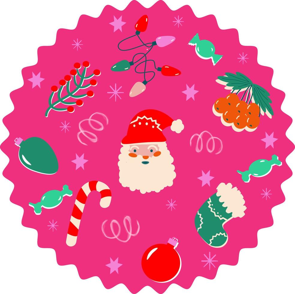 christmas drawings of santa, decorations, snowflakes, stars on a pink background vector