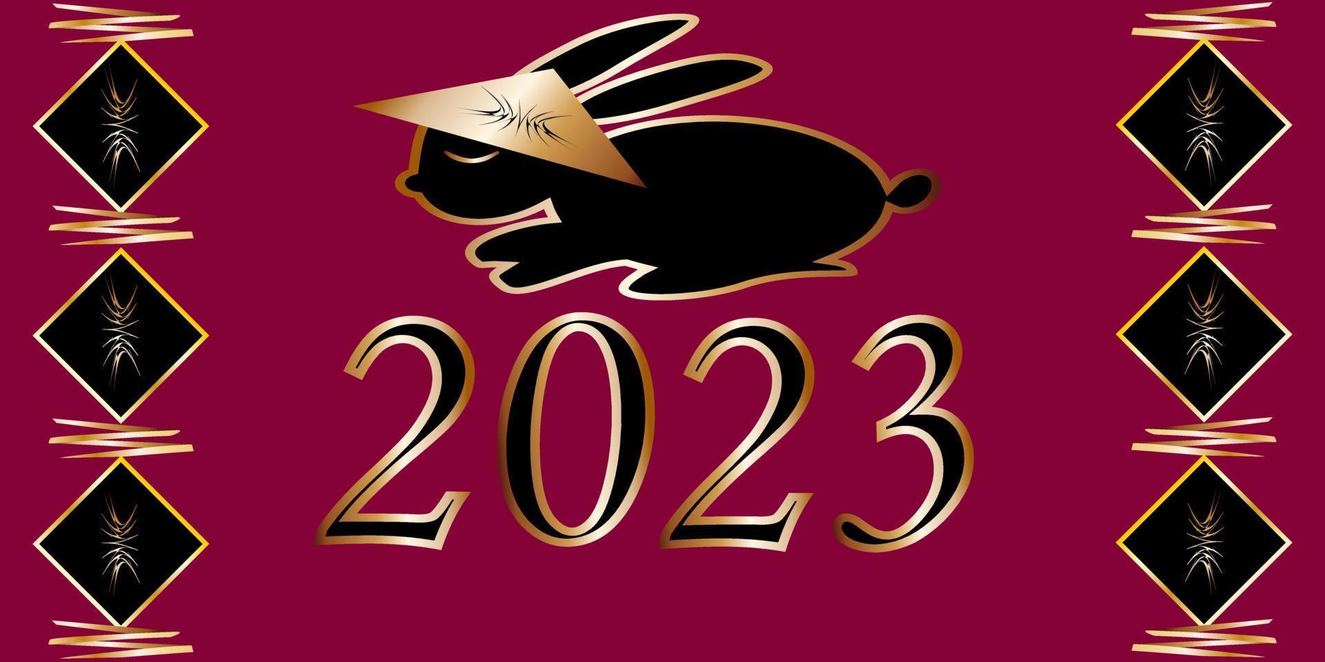 new year black rabbit 2023 gold outline raspberry background vector