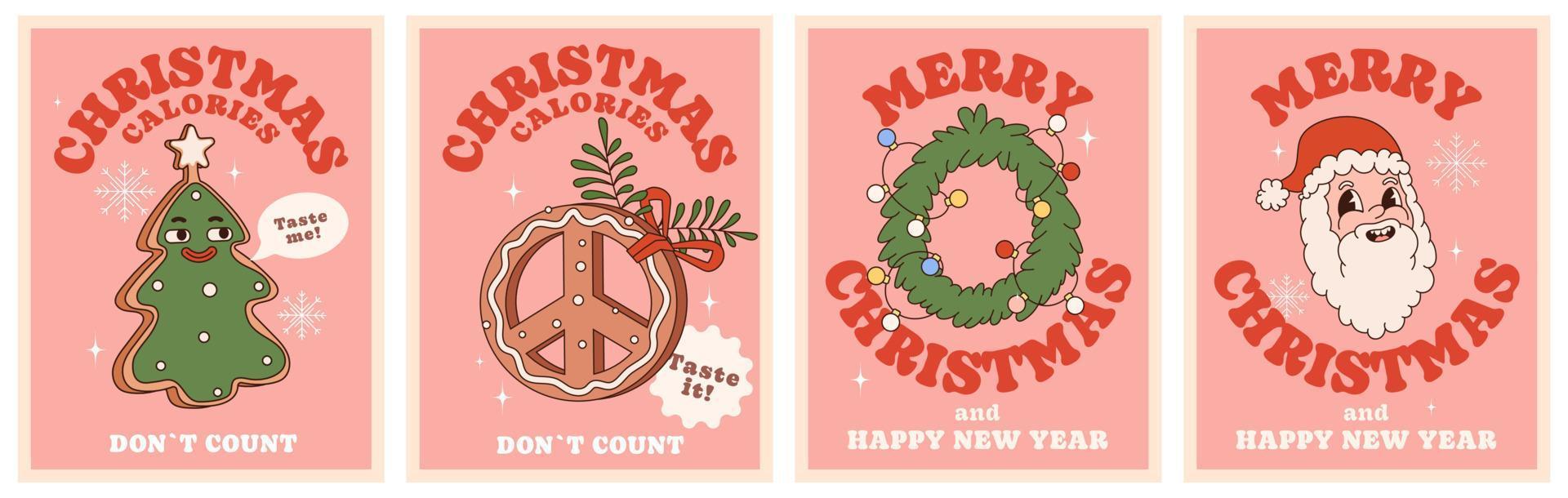 Christmas calories don't count. Merry Christmas and Happy New Year. Groovy hippie poster set with gingerbread cookies, Santa, spruce wreath. Trengy style with a 70s vibes. vector