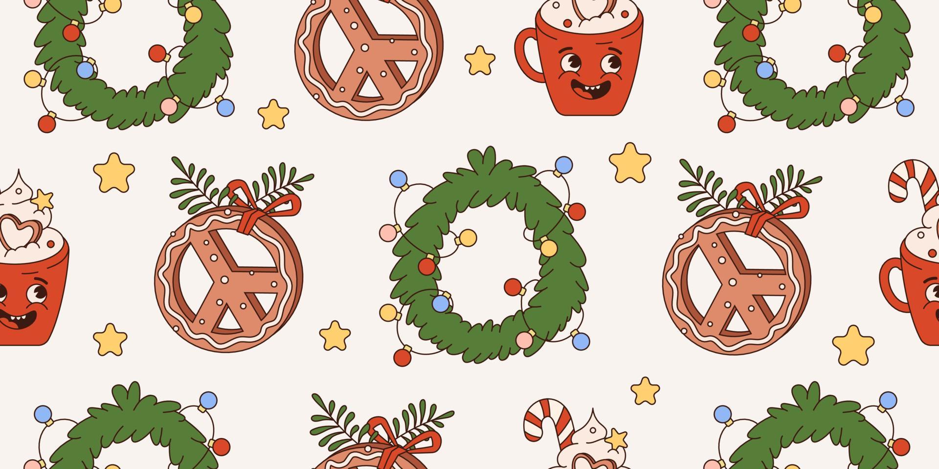 Groovy hippie christmas seamless pattern with retro cartoon characters and elements. Trendy 70s style. Merry Christmas and happy new year. Vintage background. vector