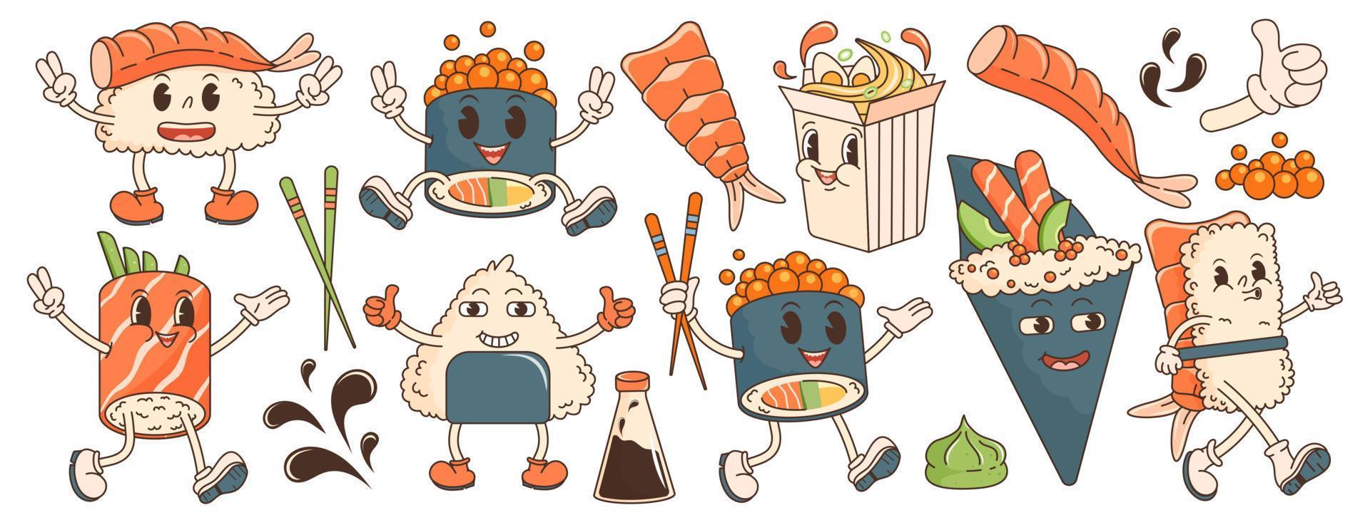 personaje de dibujos animados comida asiática retro años 70. pegatina grande con sushi, ramen, rollo, salsa de soja, wasabi, camarones. en estilo retro hippie maravilloso de moda. ilustración vectorial con elementos tipográficos. vector