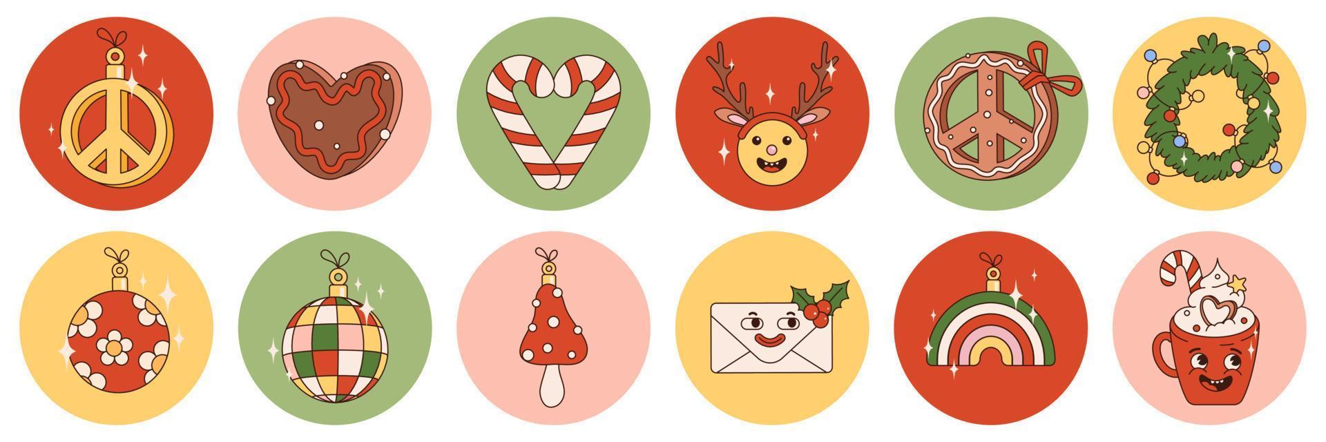 paquete de pegatinas navideñas hippie groovy con personajes y elementos de dibujos animados retro. feliz navidad y próspero año nuevo en vibraciones de los 70. vector