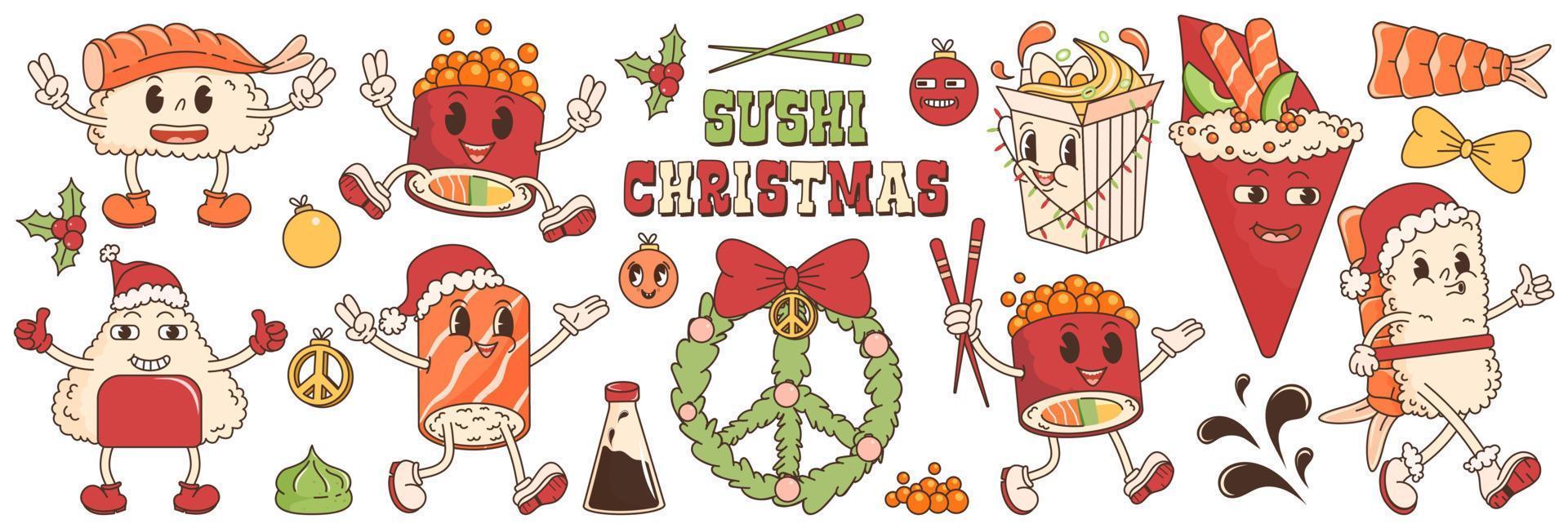 Groovy christmas sticker set with sushi, ramen, roll, soy sauce, wasabi, shrimp. In trendy groovy hippie retro style. Vector illustration with typography elements. Retro cartoon characters Asian food.