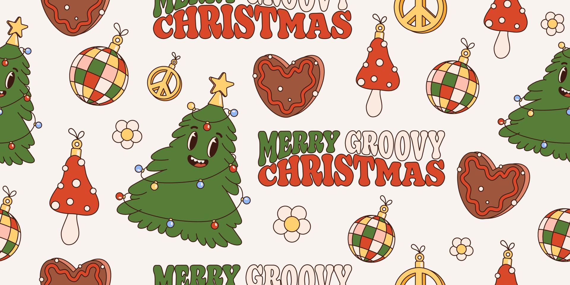 Groovy hippie navidad de patrones sin fisuras con elementos y personajes de dibujos animados retro. estilo moderno de los 70. Feliz navidad y próspero año nuevo. fondo de la vendimia vector