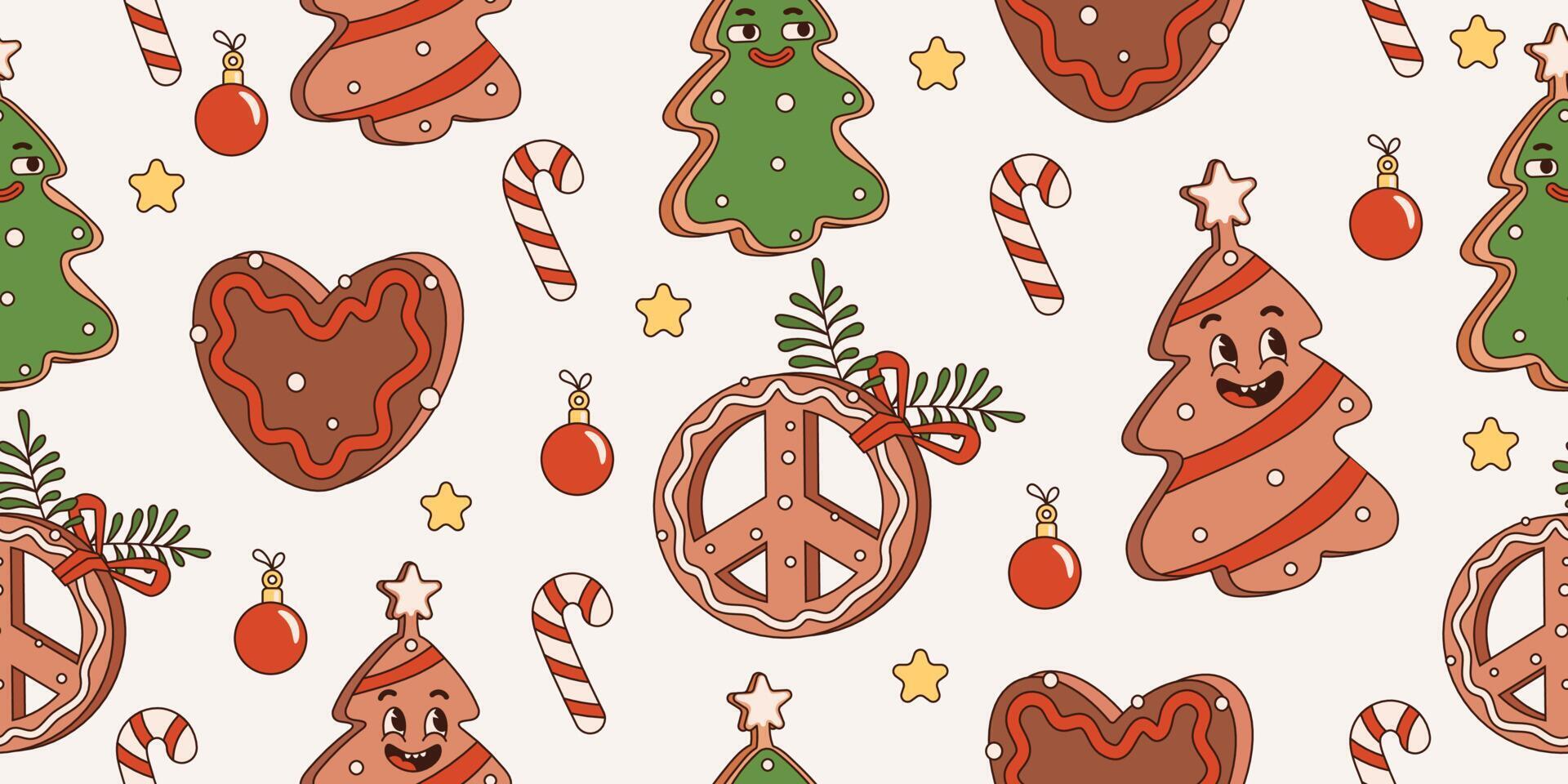 Groovy hippie christmas seamless pattern with retro cartoon characters and elements. Trendy 70s style. Merry Christmas and happy new year. Vintage background. vector