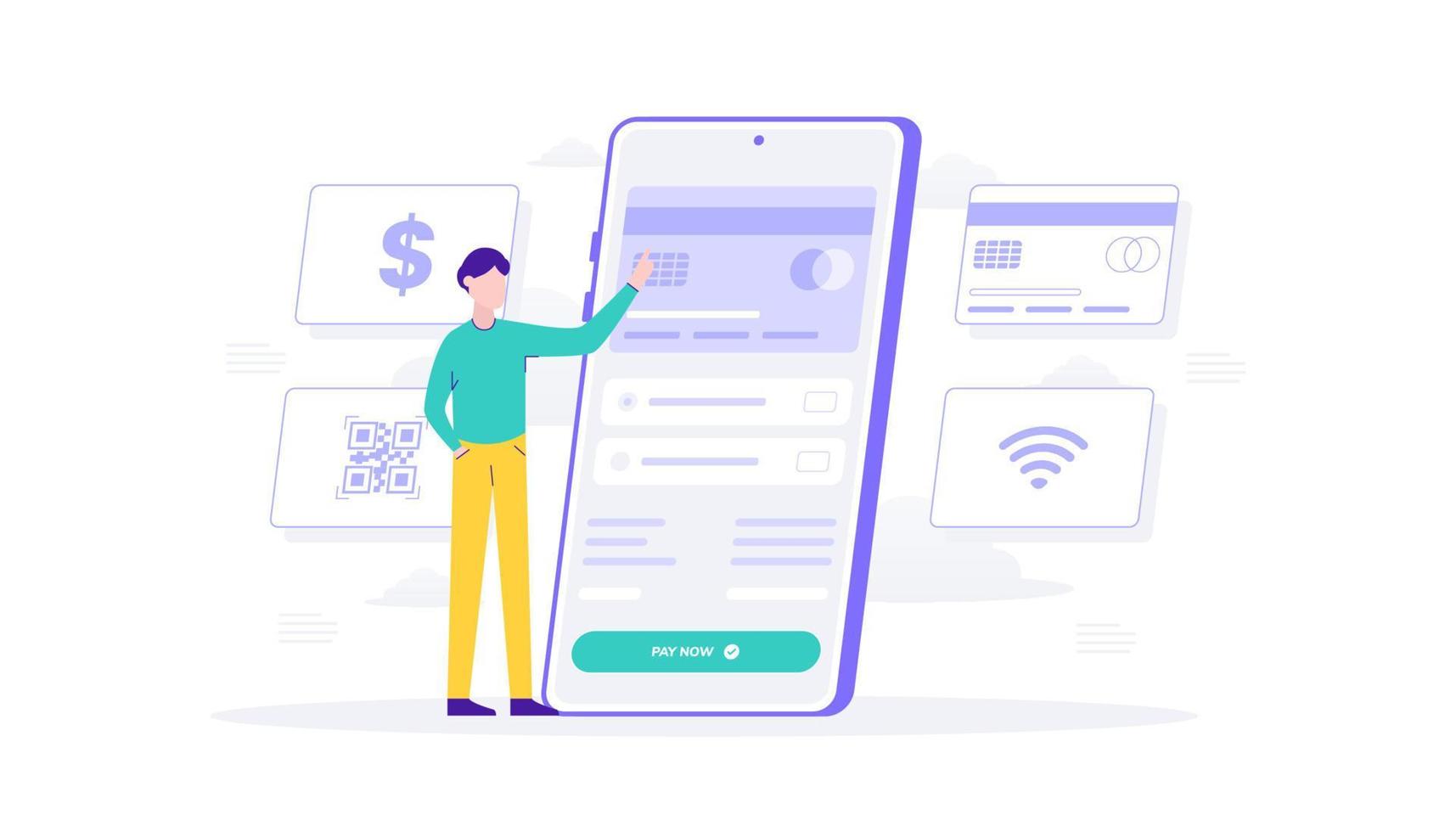 Online shopping and payment method with smartphone. Man click payment method credit card. Flat Illustration suitable for user interface, ui, ux, web, mobile, banner and infographic. vector