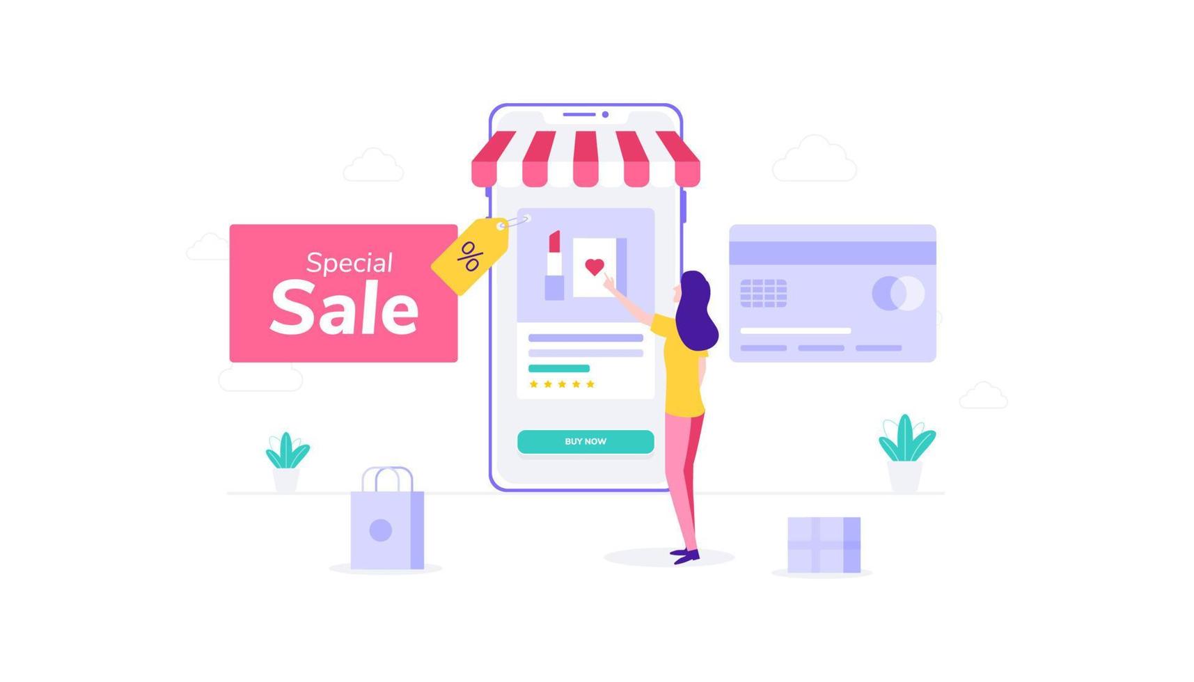 E-Commerce Woman choose product on sale online Shopping. Flat Vector Illustration