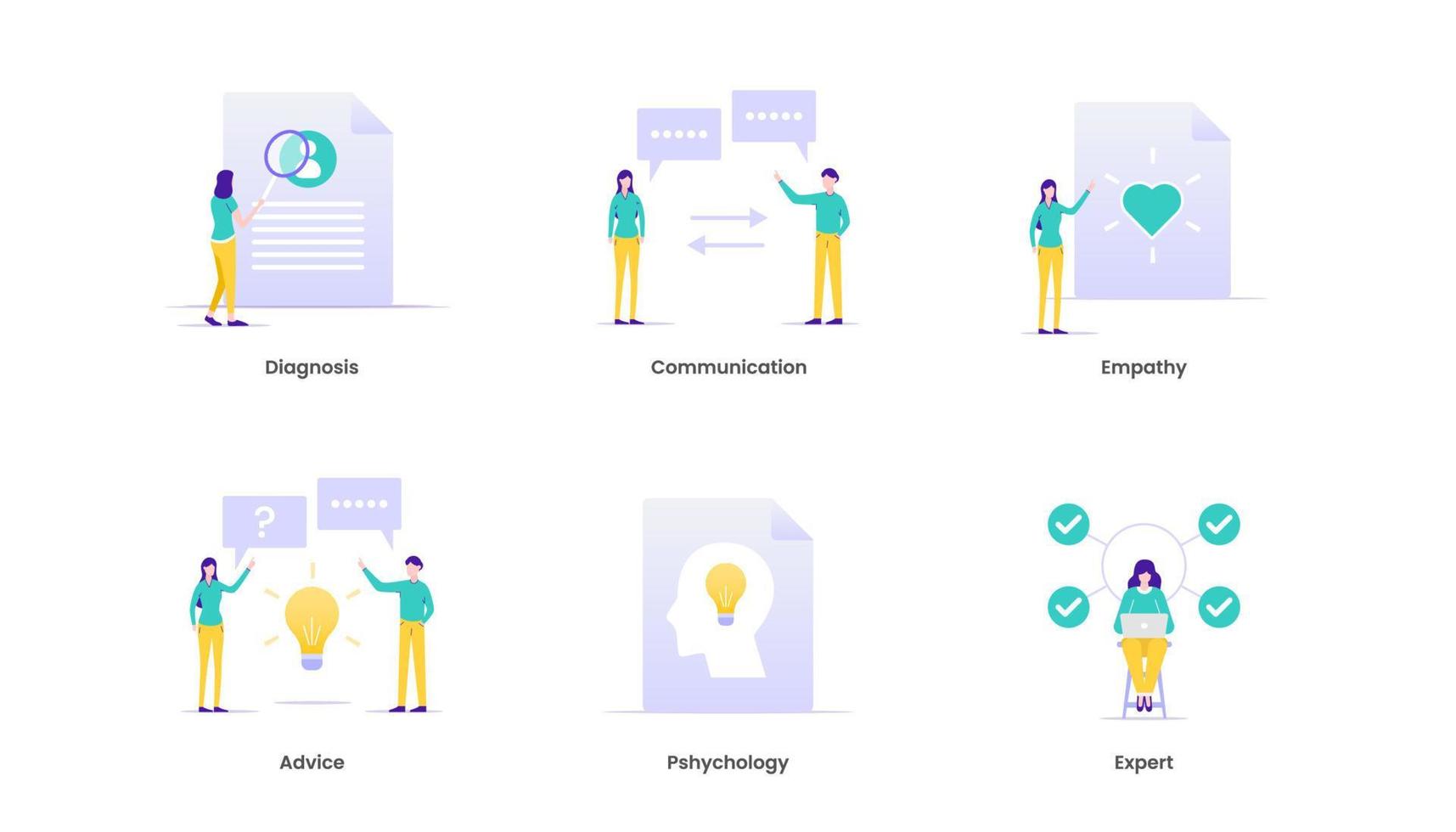 Counseling vector illustration concept. Therapy, diagnosis, empathy, advice and support concept with icons. Suitable for ui, ux, web, mobile, banner and infographic.