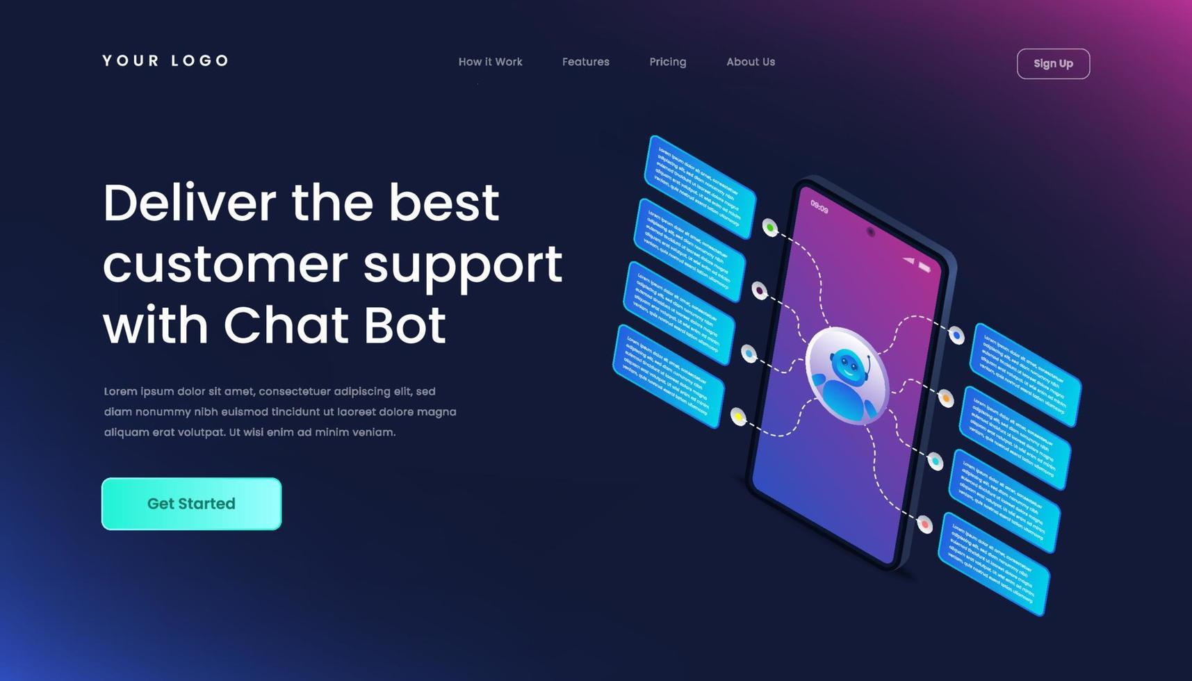 Chatbot technology website template landing page gradient 3d isometric vector illustration