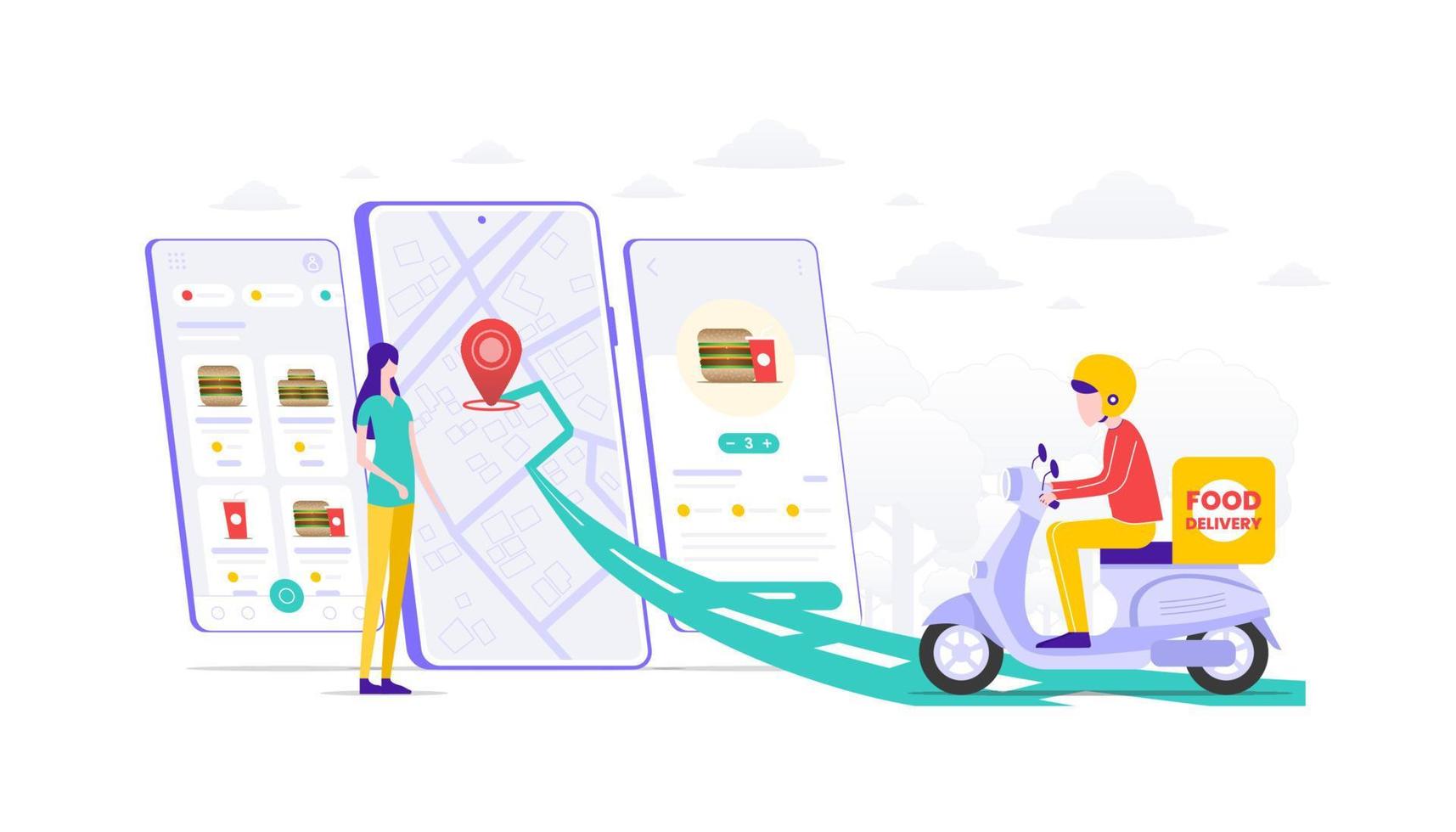 Digital online fast food burger delivery on scooter with phone. Cash on delivery. Mobile website background illustration. Suitable for user interface, ui, ux, web, mobile, banner and infographic. vector