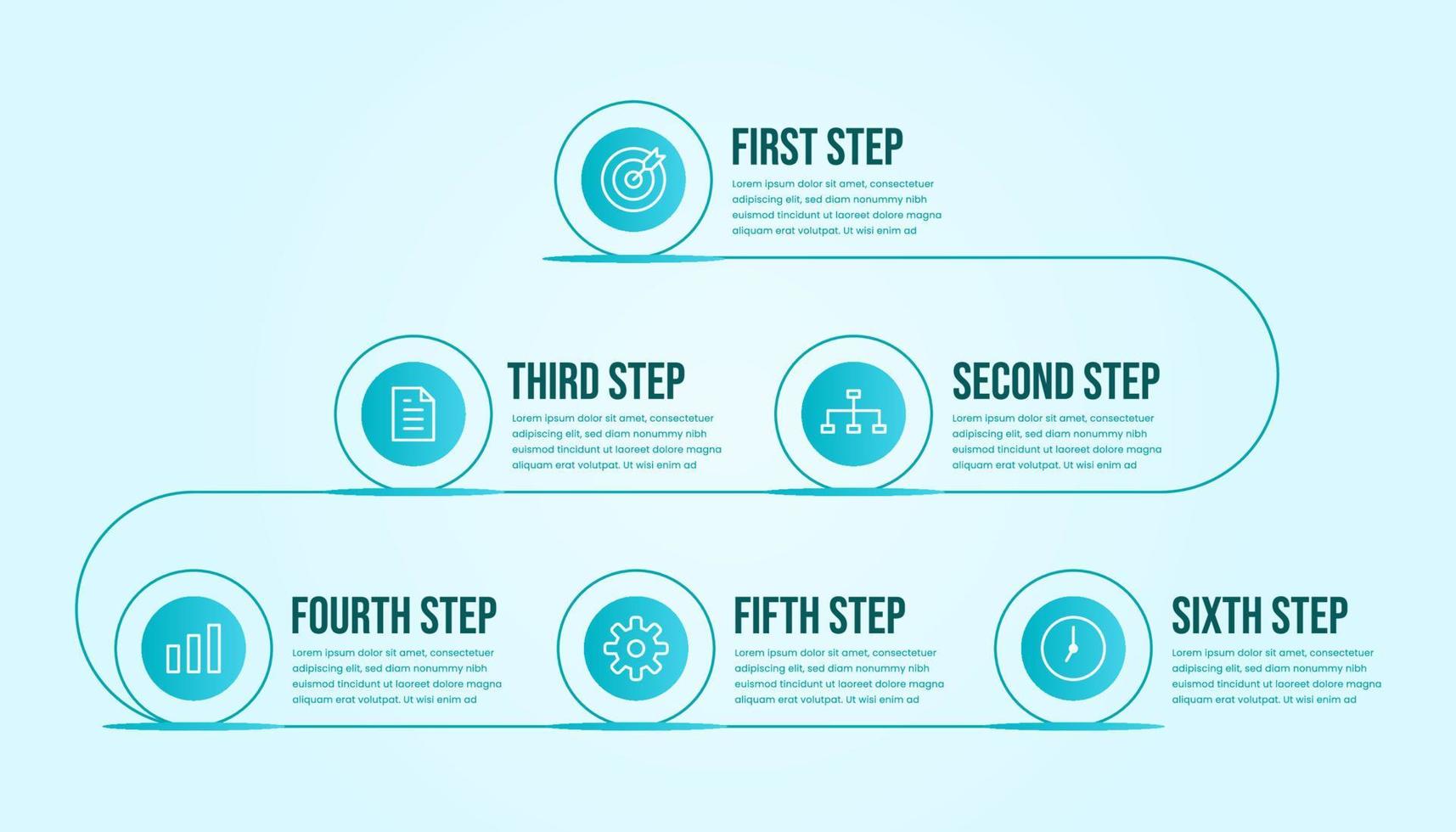 seis pasos de infografía empresarial. plantilla infográfica de línea de tiempo moderna con tosca o tema de color azul. vector