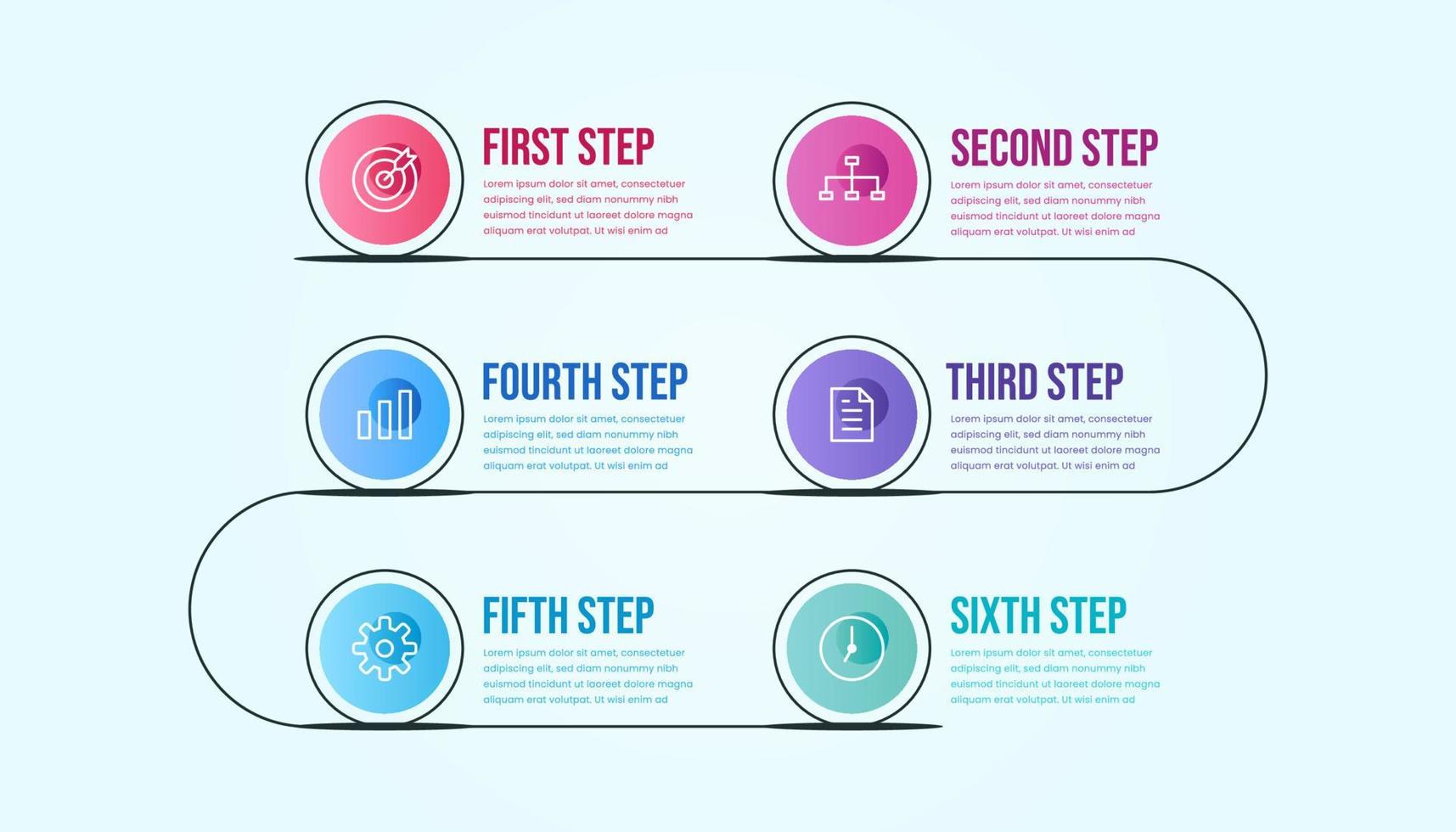 Business infographic six steps. Colorful modern timeline infographic template. vector