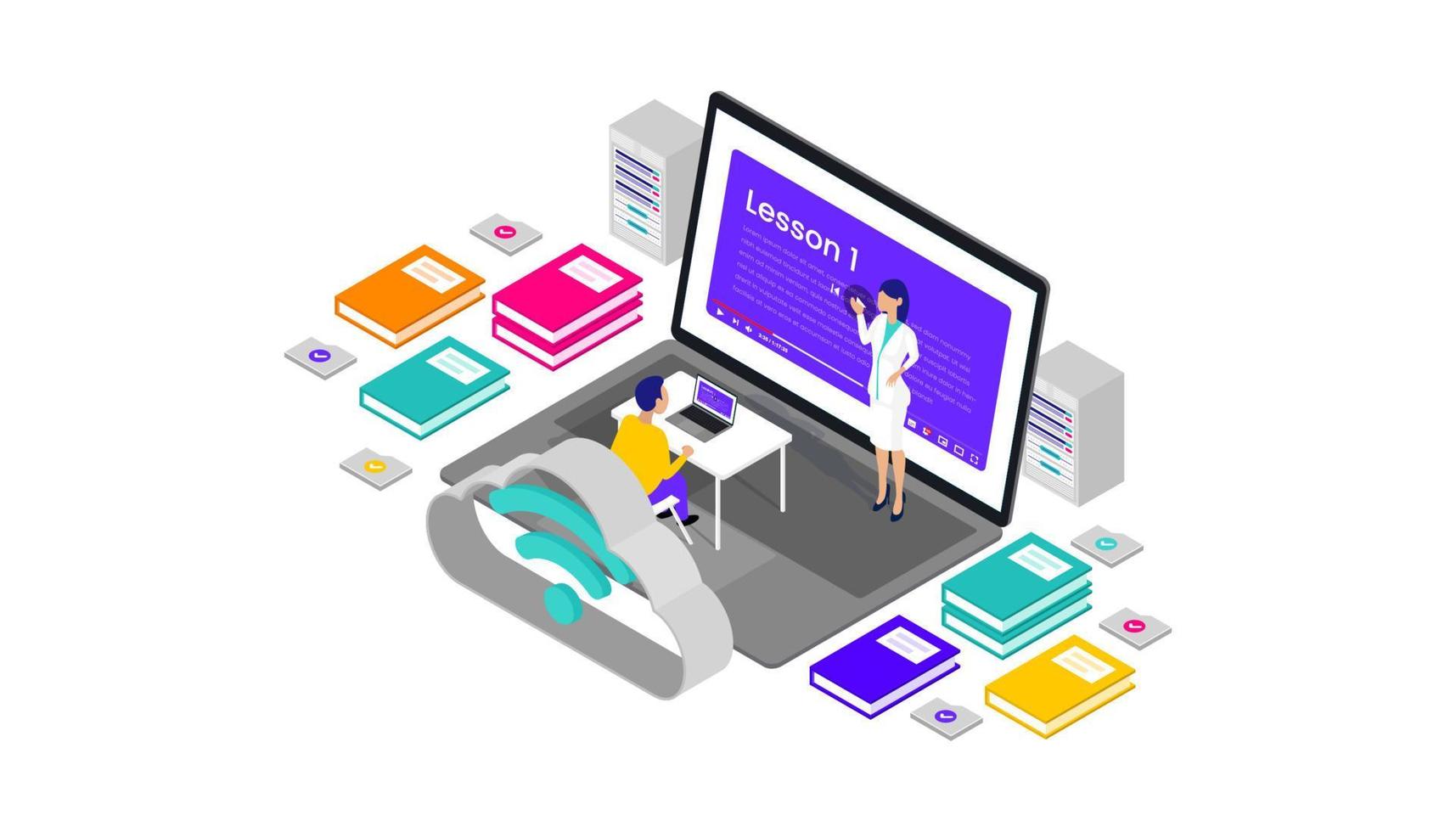 Online learning Isometric 3d Vector Illustration Desktop Web User Interface, Suitable For Web Banners, Diagrams, Infographics, Book Illustration, Game Asset, and Other Graphic Assets