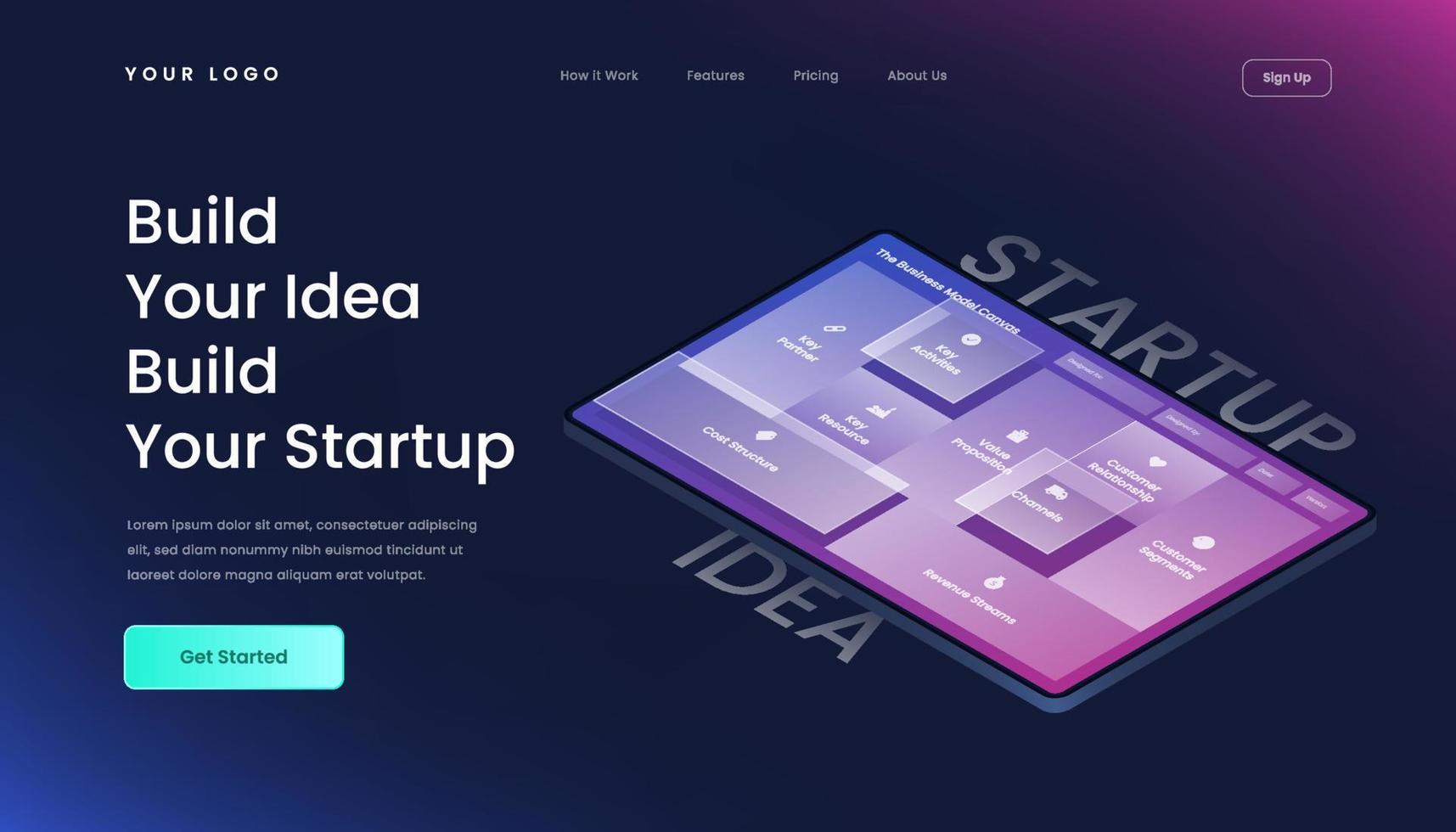 Build Your Idea Build Your Startup Landing Page with gradient background and 3d isometric vector business model canvas illustration glass effect