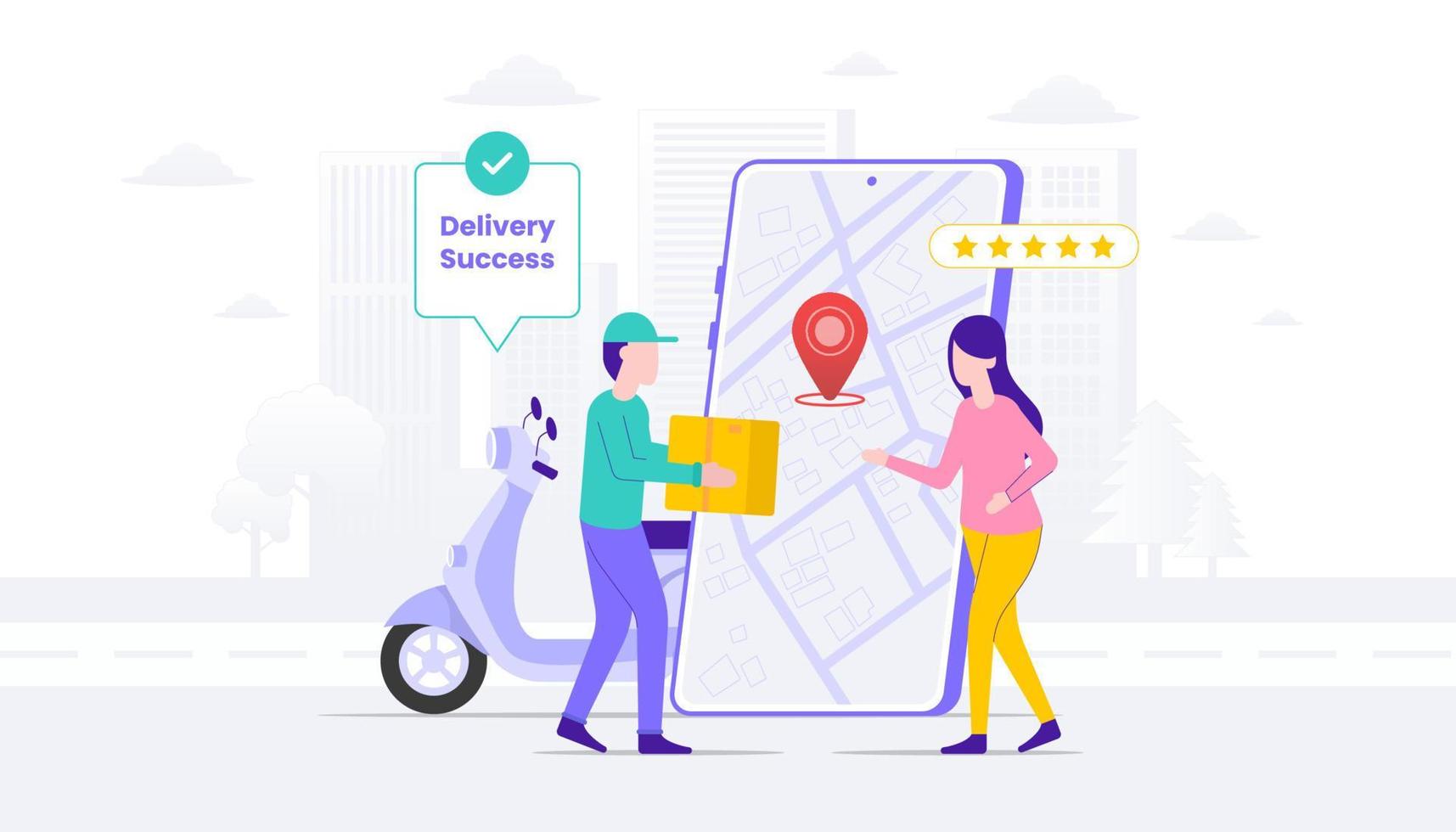 Delivery success illustration. Woman cash on delivery with courier man. Suitable for user interface, ui, ux, web, mobile, banner and infographic. vector