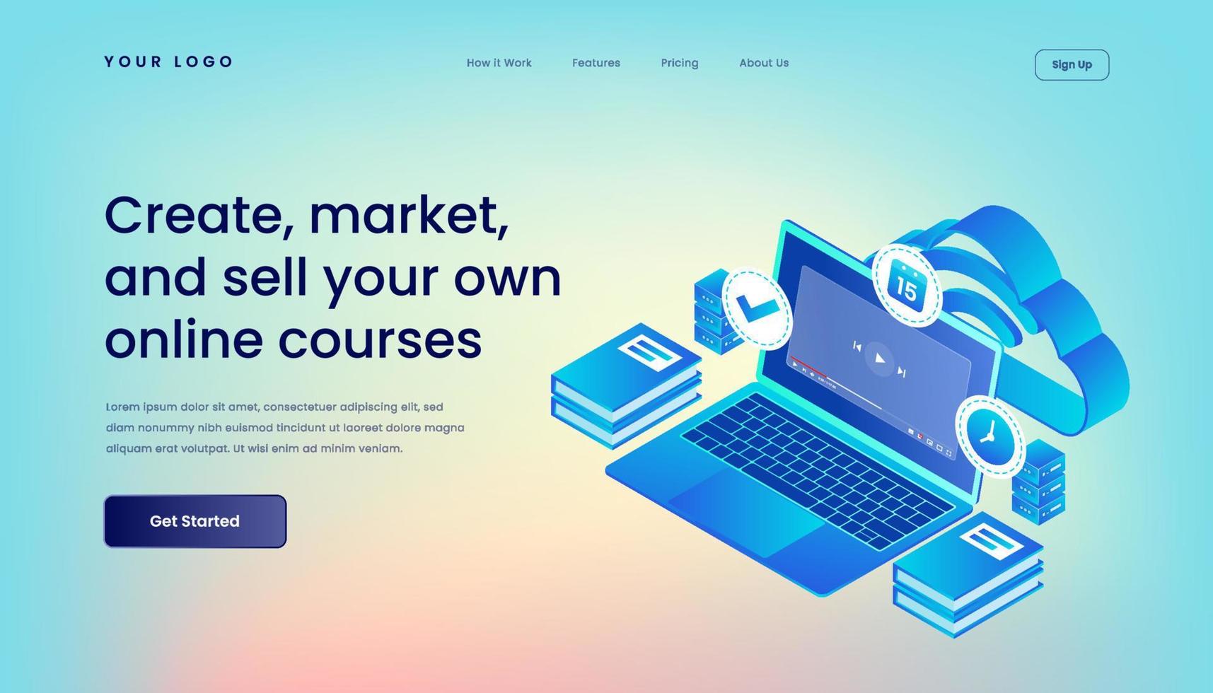 Create, market, and sell your own online courses Landing Page Template with Gradient Background and Isometric 3d Vector Illustration Desktop Web User Interface