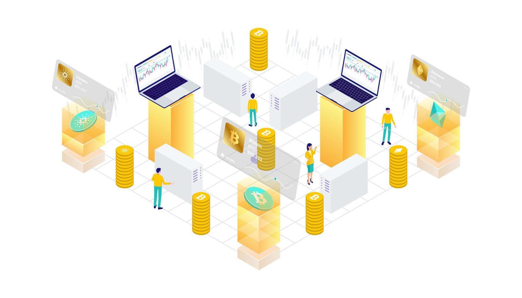 Cryptocurrency, bitcoin, ethereum, cardano, blockchain, mining, technology, internet IoT, security, mobile dashboard isometric 3d flat illustration vector design cpu computer.