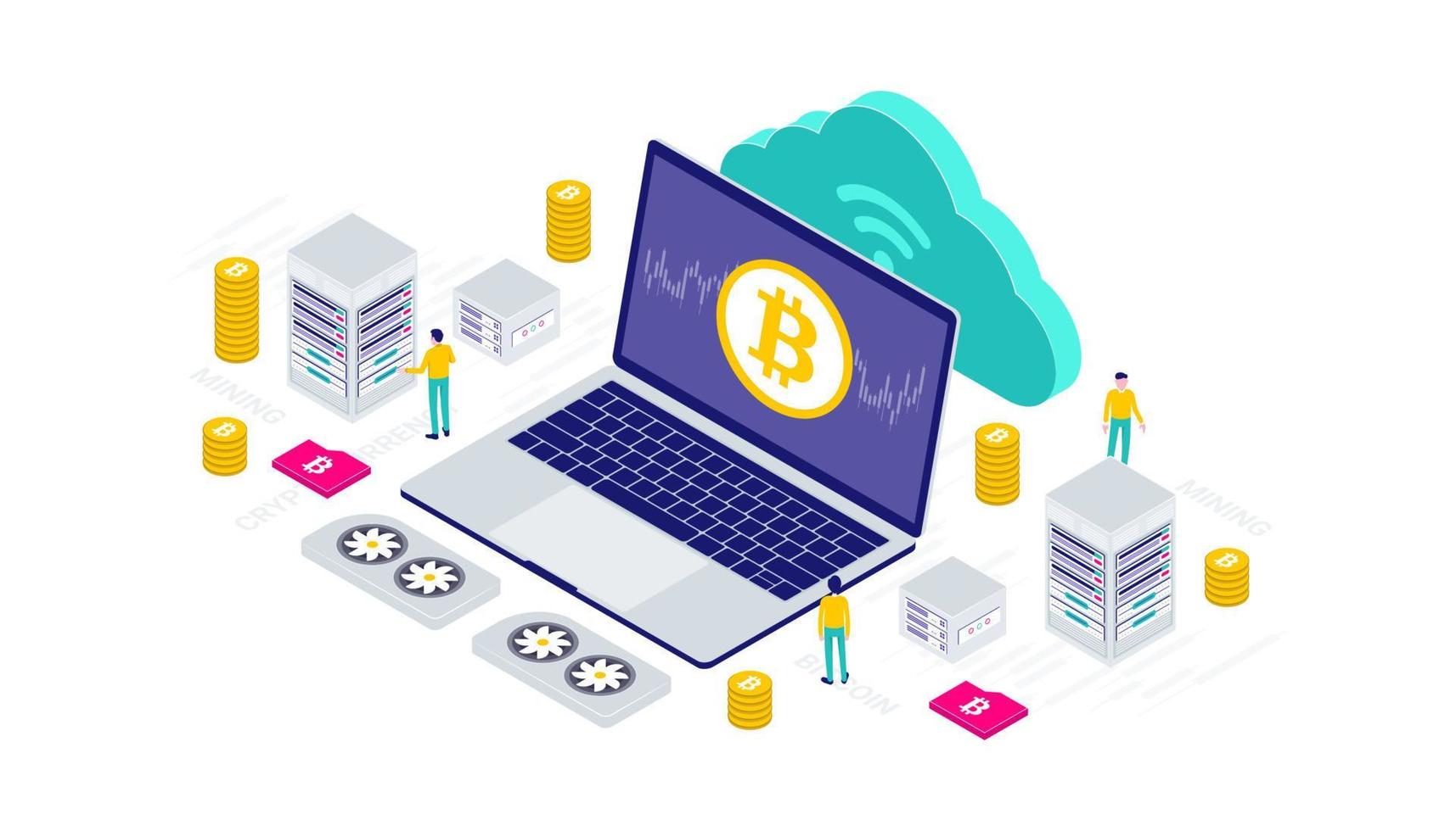 Cryptocurrency, bitcoin, blockchain, mining, technology, internet IoT isometric 3d flat illustration vector design. Suitable for user interface, ui, ux, web, mobile, banner and infographic.