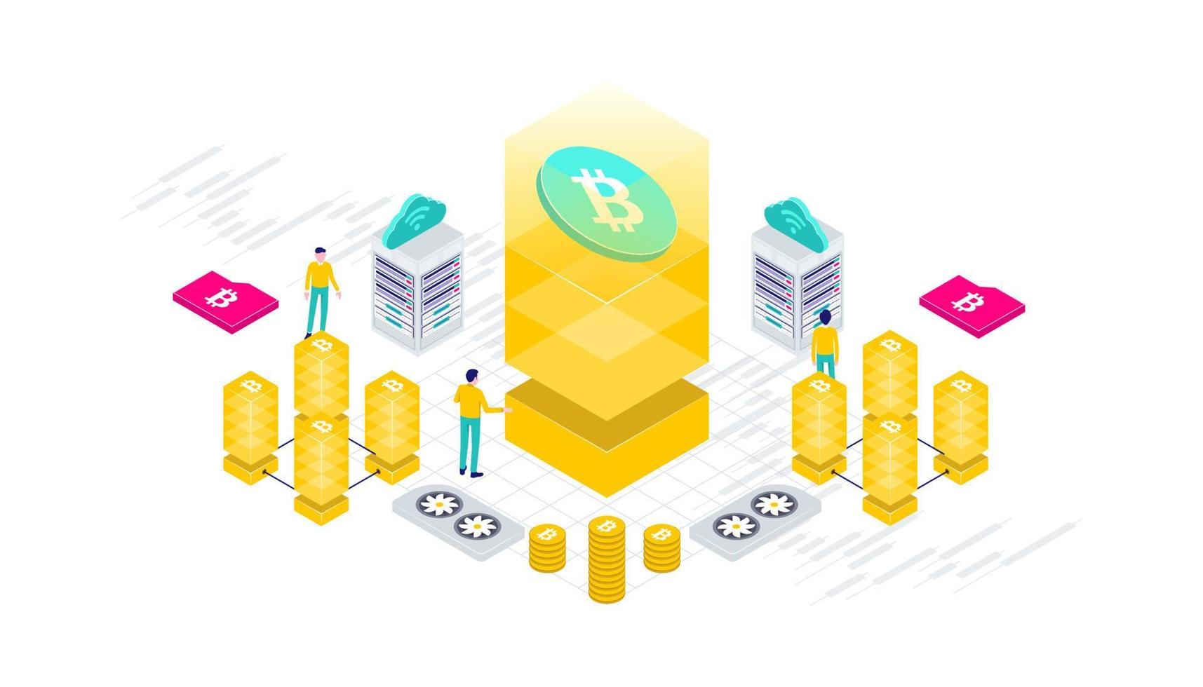 Cryptocurrency, bitcoin, blockchain, mining, technology, internet IoT, security, dashboard isometric 3d flat illustration vector design.