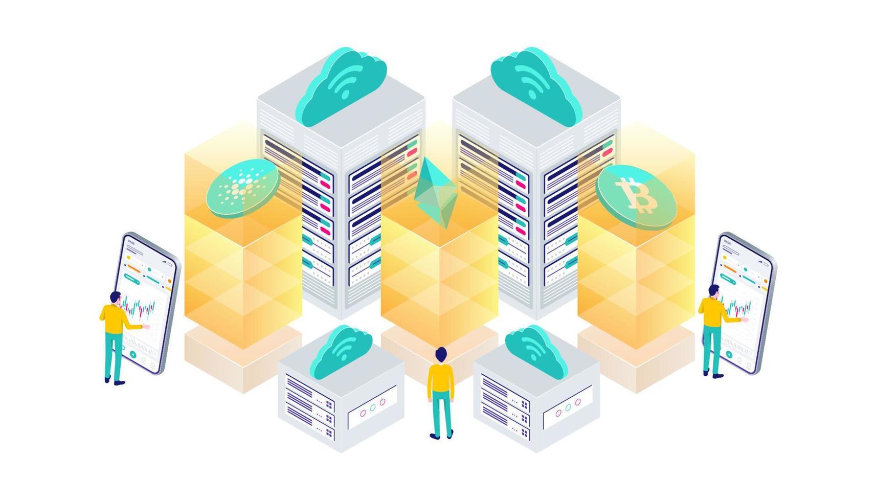 Cryptocurrency, bitcoin, ethereum, cardano, blockchain, mining, technology, internet IoT, security, web dashboard isometric 3d flat illustration vector design cpu computer.