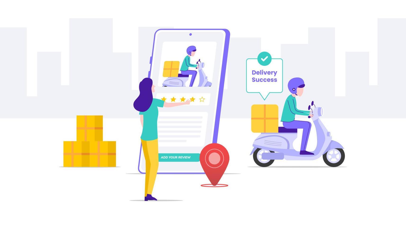 Delivery success illustration. Woman leave a review to driver illustration. Suitable for user interface, ui, ux, web, mobile, banner and infographic. vector