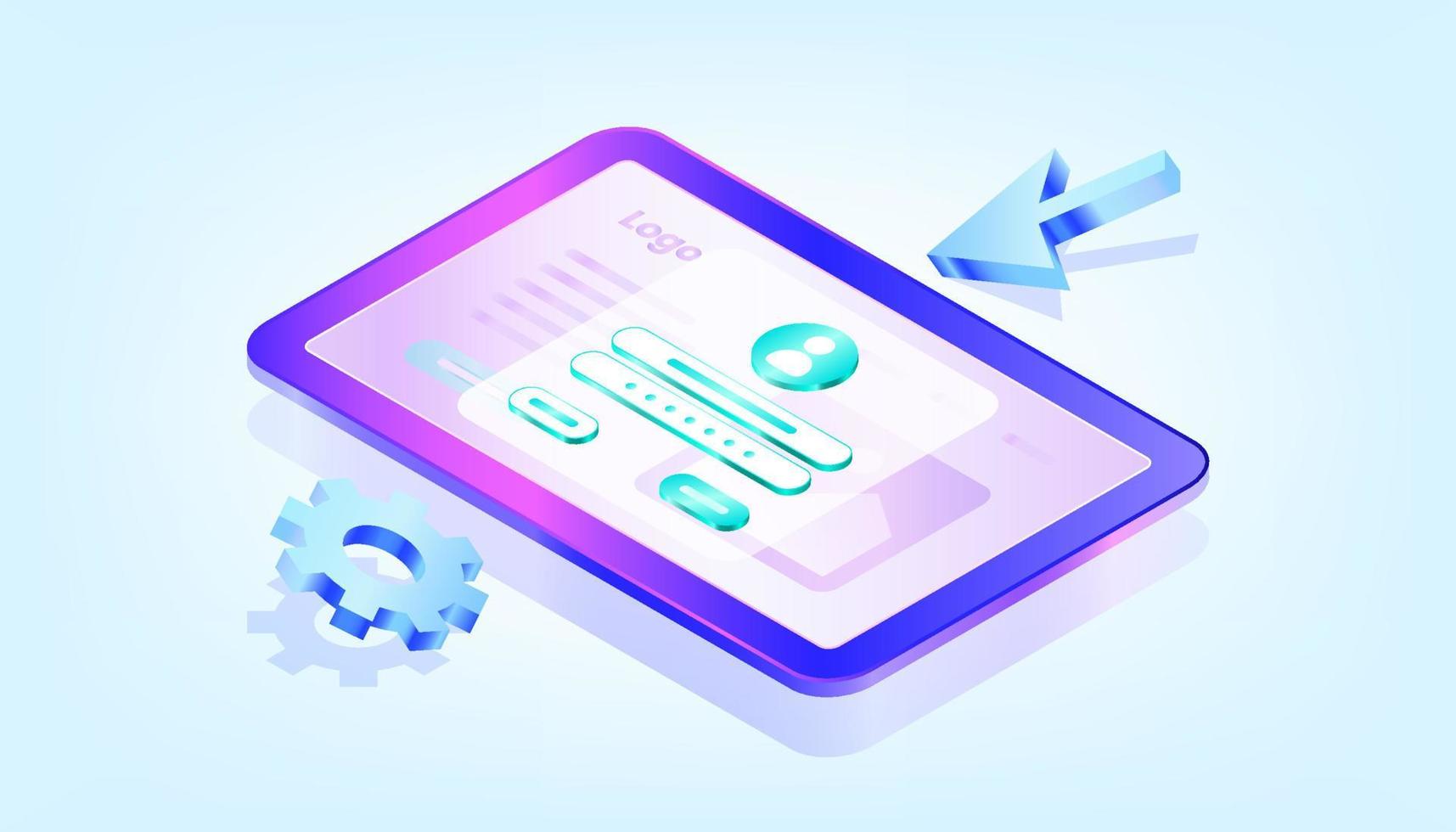 Computer and account login and password form. Sign in to account, user authorization, login authentication page. Username, password fields. 3D Gradient Isometric Illustrations. vector