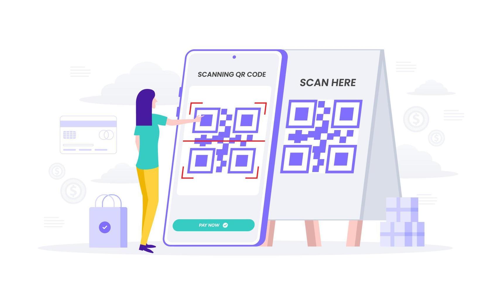 la mujer escanea el código qr con el vector de diseño de ilustración plana de pago en línea sin efectivo de teléfono inteligente. adecuado para interfaz de usuario, ui, ux, web, móvil, banner e infografía.