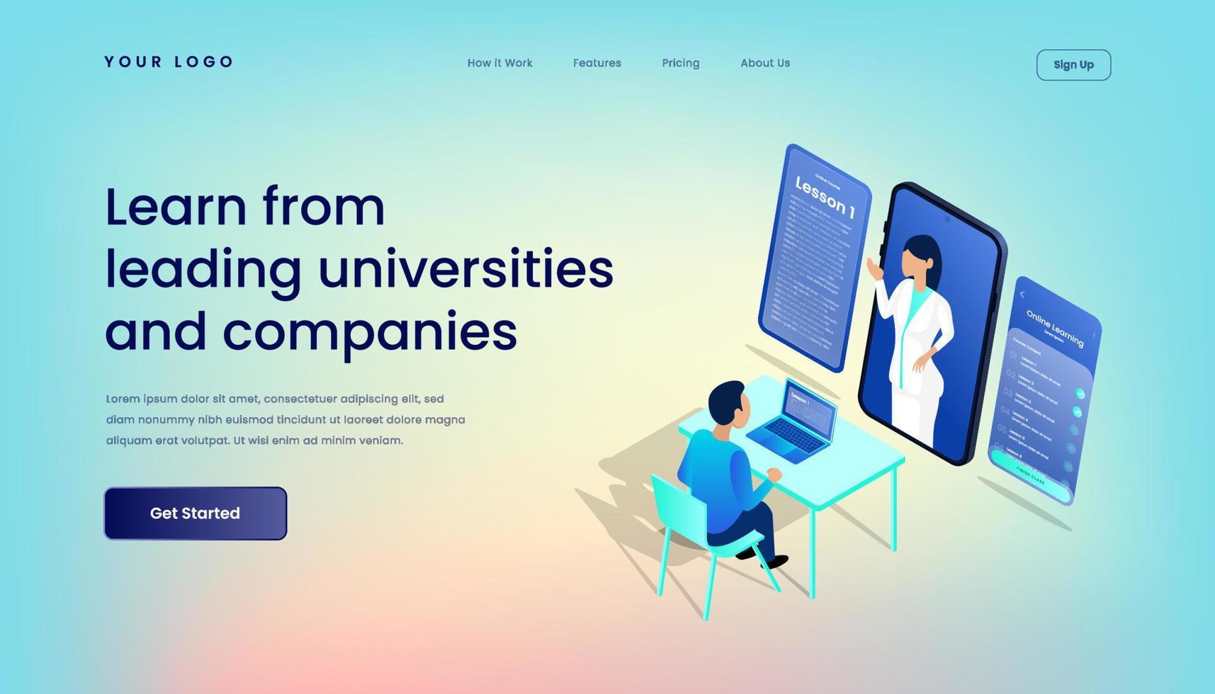 Learn from leading universities and companies online courses Landing Page Template with Gradient Background and Isometric 3d Vector Illustration Mobile Desktop Web User Interface Responsive